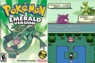 Captura de tela do jogo Pokémon Emerald, da Nintendo, com gráficos vibrantes e personagens icônicos.