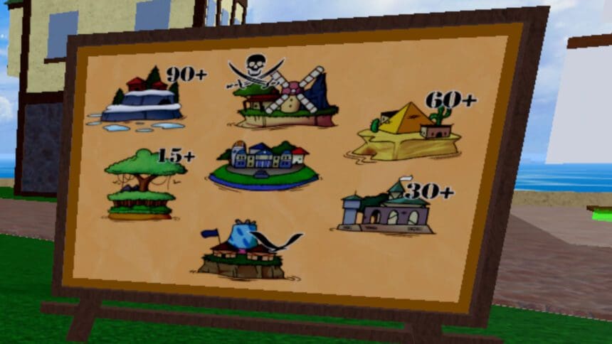 Mapa do jogo Blox Fruits no Roblox, mostrando localizações e recursos essenciais.