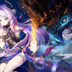 Personagens de Genshin Impact em ação, explorando o mundo vibrante do jogo.