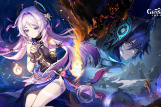Personagens de Genshin Impact em ação, explorando o mundo vibrante do jogo.