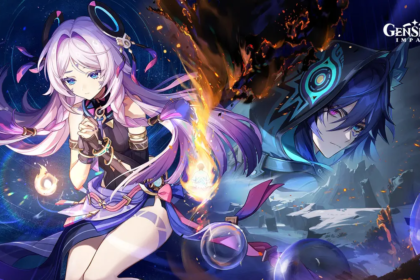 Personagens de Genshin Impact em ação, explorando o mundo vibrante do jogo.