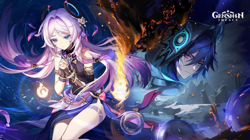 Personagens de Genshin Impact em ação, explorando o mundo vibrante do jogo.
