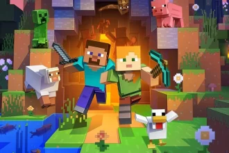 Imagem do jogo Minecraft, um mundo de construção e aventura.