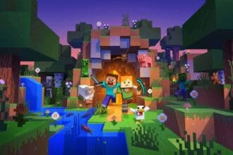 Imagem do jogo Minecraft, criado pela Mojang Studios, mostrando sua famosa jogabilidade em voxel.