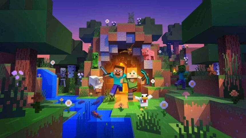 Imagem do jogo Minecraft, criado pela Mojang Studios, mostrando sua famosa jogabilidade em voxel.