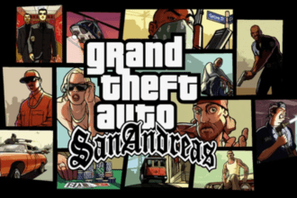 Capa do jogo GTA San Andreas mostrando personagens icônicos do universo de Grand Theft Auto.