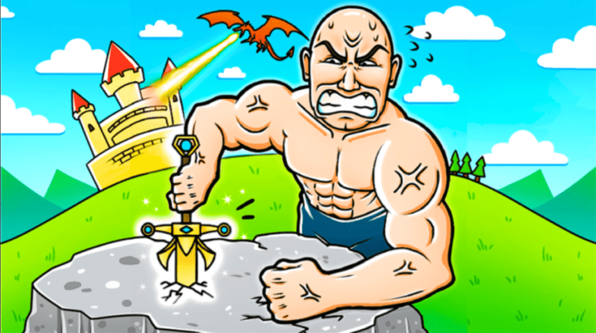 Jogador tentando puxar uma espada no jogo Pull-a-Sword do Roblox.