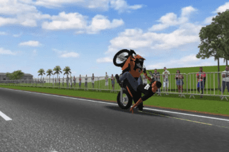Motocicleta realizando manobras em 3D no jogo Moto Wheelie.