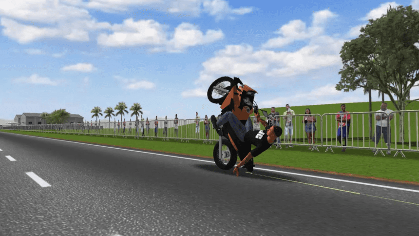 Motocicleta realizando manobras em 3D no jogo Moto Wheelie.