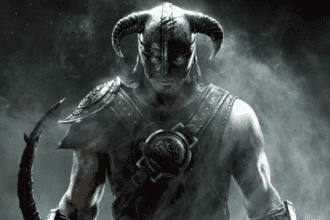 Imagem do jogo Skyrim, desenvolvido pela Bethesda Game Studios, com paisagens épicas e dragões.