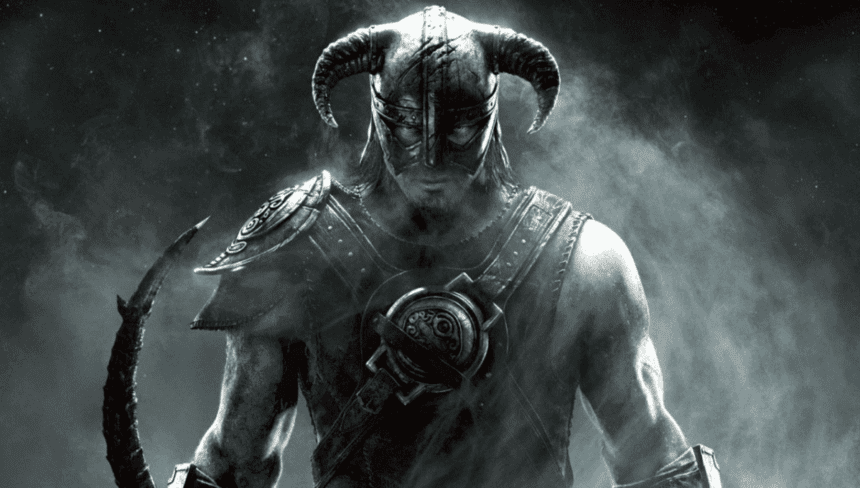Imagem do jogo Skyrim, desenvolvido pela Bethesda Game Studios, com paisagens épicas e dragões.