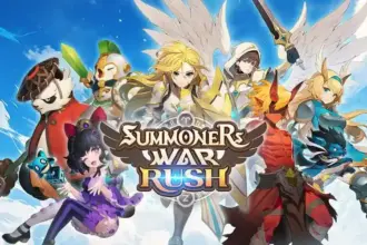 Jogo Summoners War Rush com personagens em ação e efeitos visuais vibrantes.