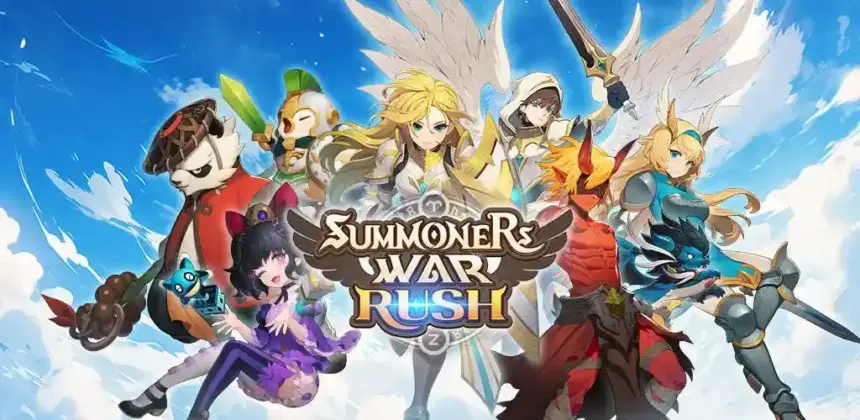 Jogo Summoners War Rush com personagens em ação e efeitos visuais vibrantes.