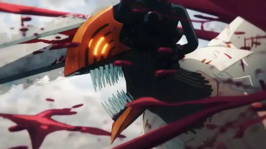 Lançamento do episódio 203 de Chainsaw Man, com créditos da Crunchyroll.