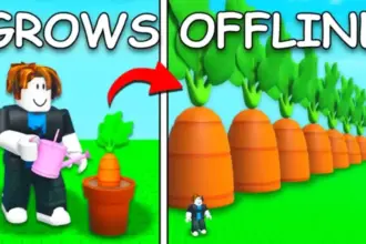 Jogo Grow a Garden no Roblox com plantas e decoração.