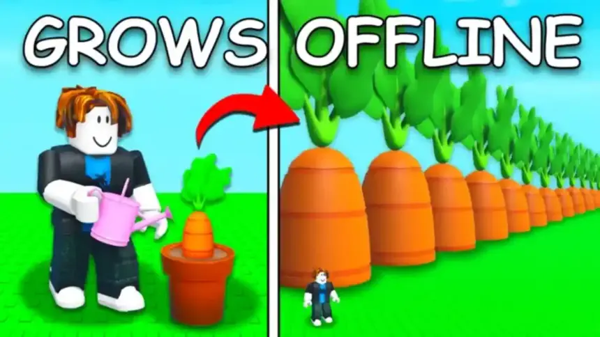 Jogo Grow a Garden no Roblox com plantas e decoração.
