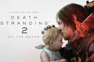 Cena do jogo Death Stranding 2 comemorando aniversário com Kojima Productions.