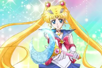 Ordem cronológica de Sailor Moon com créditos de Naoko Takeuchi.