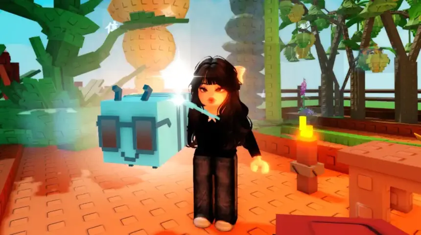 Pets de Grow a Garden jogando com plantas em Roblox.
